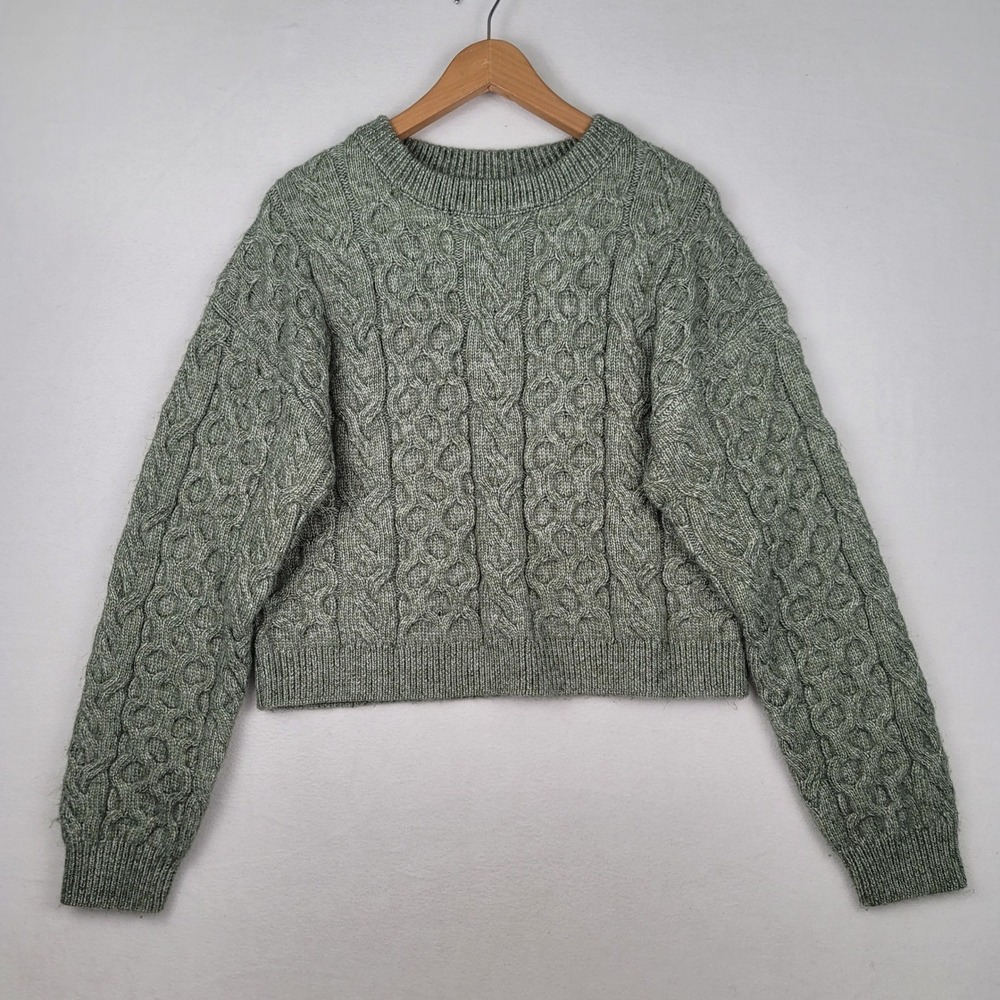 Forever 21 Womens Green Cable Knit Cropped Pullover Sweater Longsleeve Large